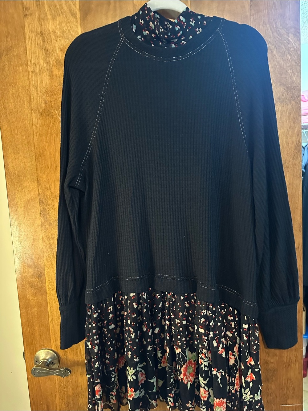 Free People Black Ribbed Tunic with Floral Hem